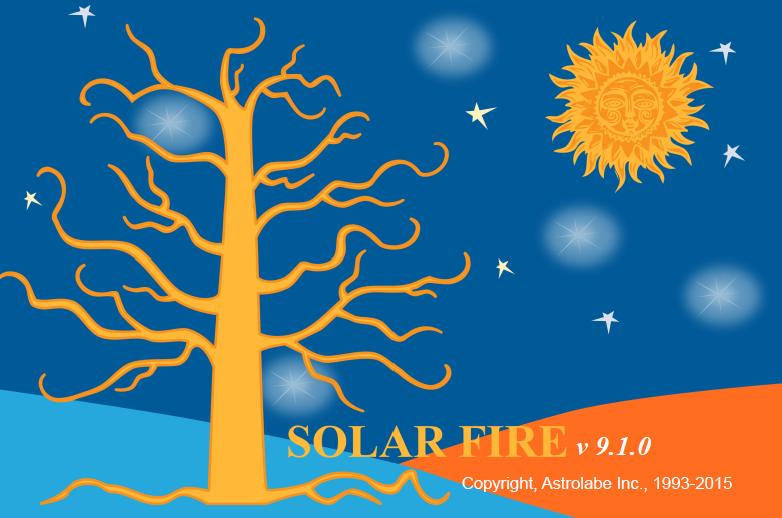 Tela de abertura do Solar Fire 9.1.0, com árvore dourada, Sol e estrelas em fundo azul